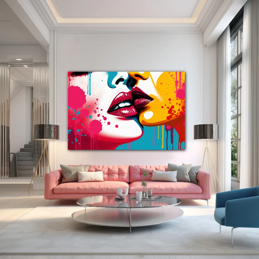 Cuadro ecos de afecto en formato horizontal con colores celeste, mostaza, rojo, rosa, vivos; decorando pared de encima del sofá