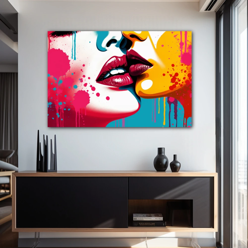 Wall Art titled: Echoes of Affection in a Horizontal format with: Sky blue, Mustard, Red, Pink, and Vivid Colors; Decoration the Entryway wall