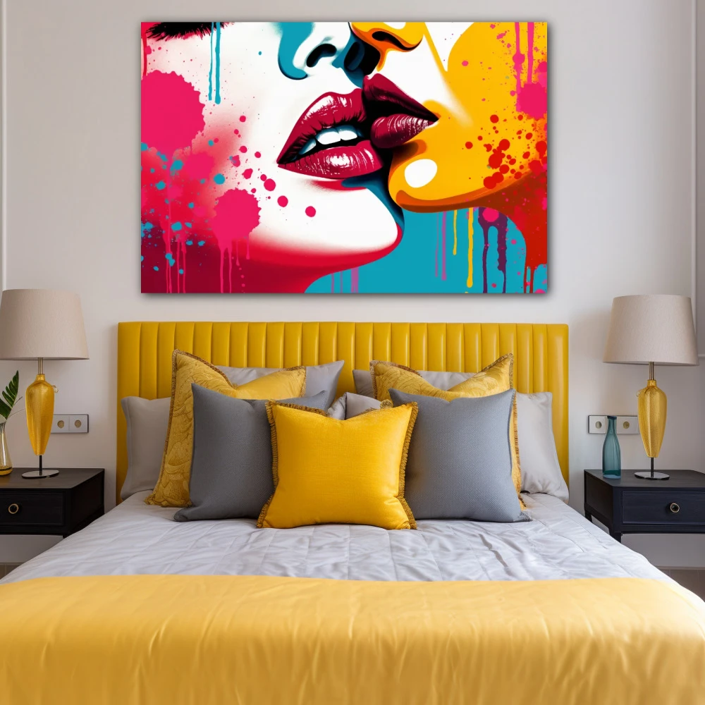 Cuadro ecos de afecto en formato horizontal con colores celeste, mostaza, rojo, rosa, vivos; decorando pared de habitación dormitorio