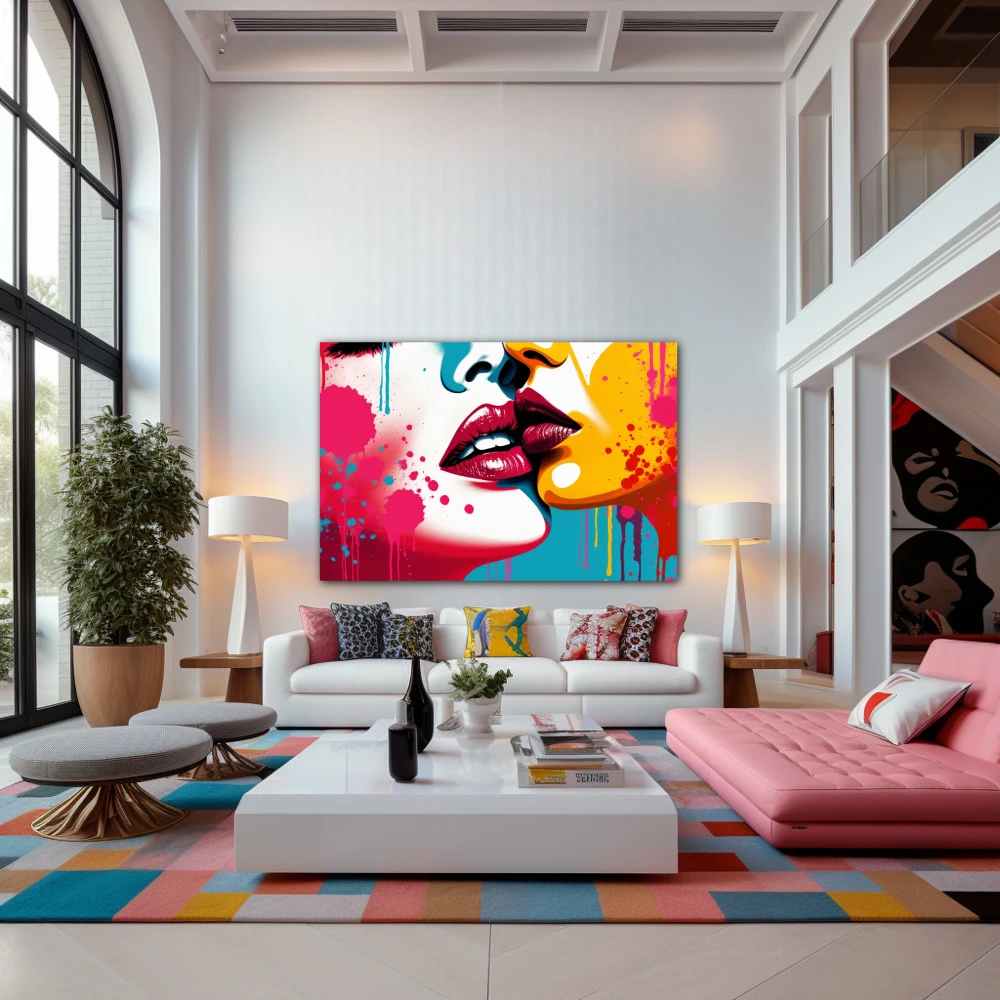 Wall Art titled: Echoes of Affection in a Horizontal format with: Sky blue, Mustard, Red, Pink, and Vivid Colors; Decoration the Living Room wall