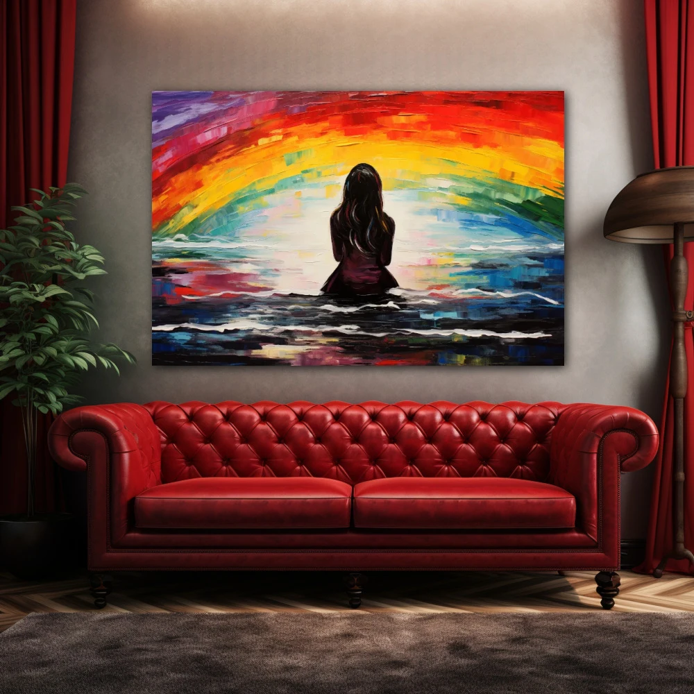 Cuadro horizonte liberador en formato horizontal con colores mostaza, rojo, vivos; decorando pared de encima del sofá