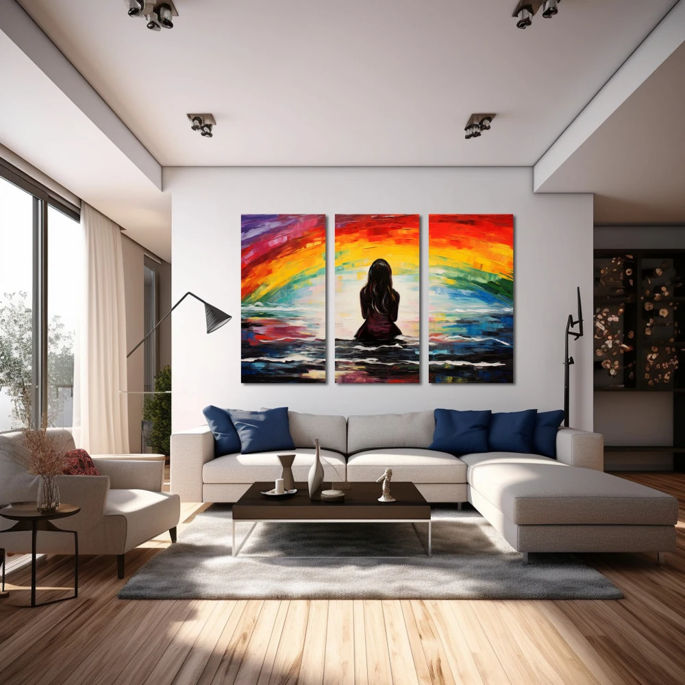 Cuadro horizonte liberador en formato tríptico con colores mostaza, rojo, vivos; decorando pared de encima del sofá