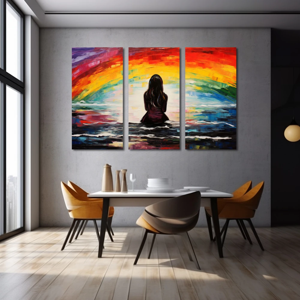 Wall Art titled: Liberating Horizon in a Horizontal format with: Mustard, Red, and Vivid Colors; Decoration the Grey Walls wall
