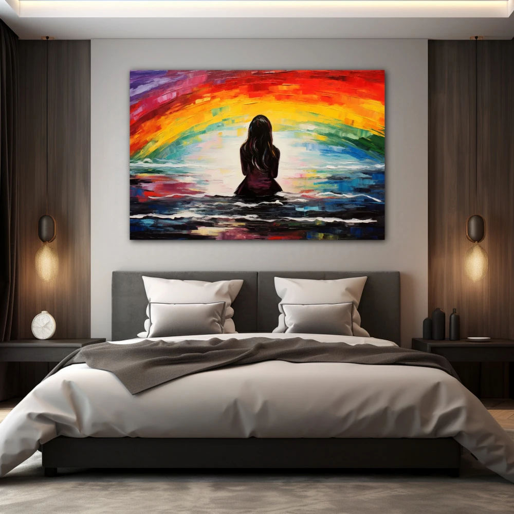 Cuadro horizonte liberador en formato horizontal con colores mostaza, rojo, vivos; decorando pared de habitación dormitorio