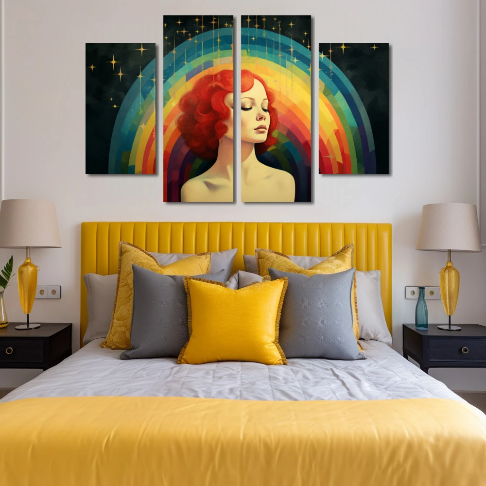 Cuadro horizonte de identidad en formato políptico con colores amarillo, azul, rojo; decorando pared de habitación dormitorio