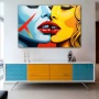 Wall Art titled: Silhouettes of Desire in a Horizontal format with: Yellow, Sky blue, and Red Colors; Decoration the Sideboard wall