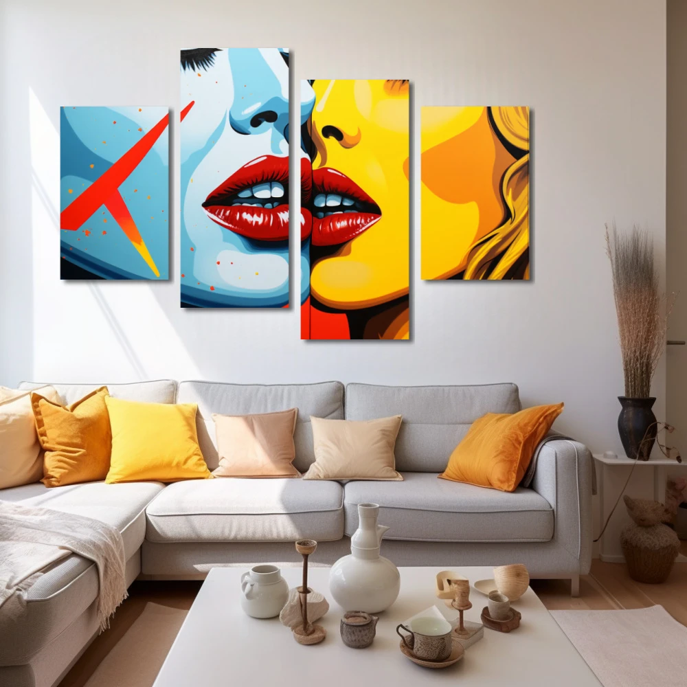 Wall Art titled: Silhouettes of Desire in a Horizontal format with: Yellow, Sky blue, and Red Colors; Decoration the White Wall wall