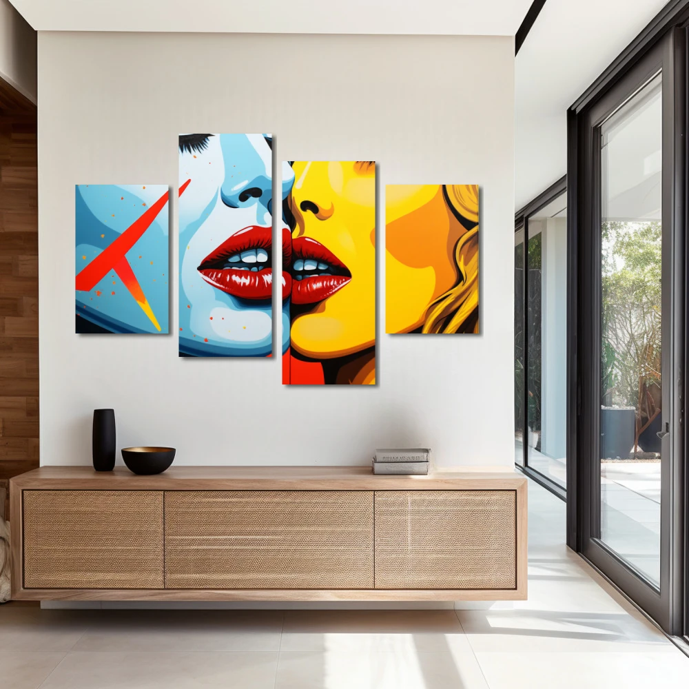 Wall Art titled: Silhouettes of Desire in a Horizontal format with: Yellow, Sky blue, and Red Colors; Decoration the Entryway wall
