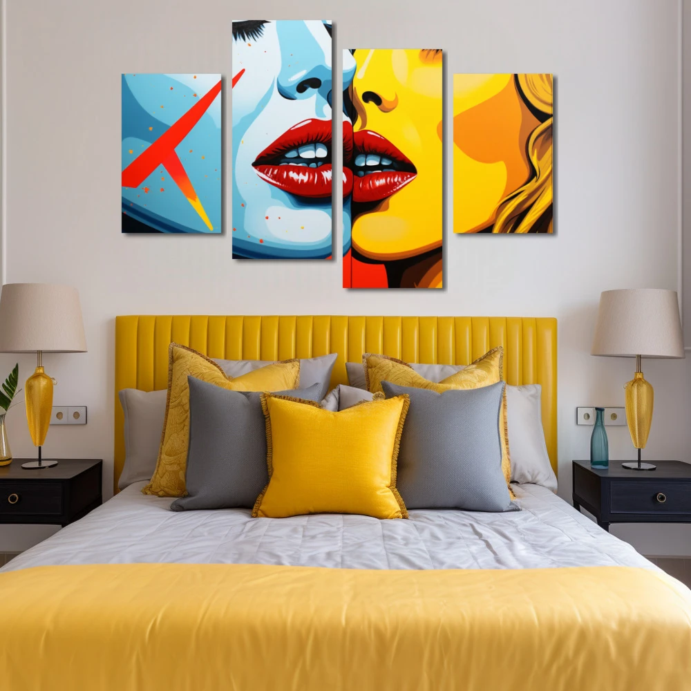 Wall Art titled: Silhouettes of Desire in a Horizontal format with: Yellow, Sky blue, and Red Colors; Decoration the Bedroom wall