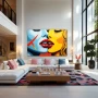 Wall Art titled: Silhouettes of Desire in a Horizontal format with: Yellow, Sky blue, and Red Colors; Decoration the Living Room wall