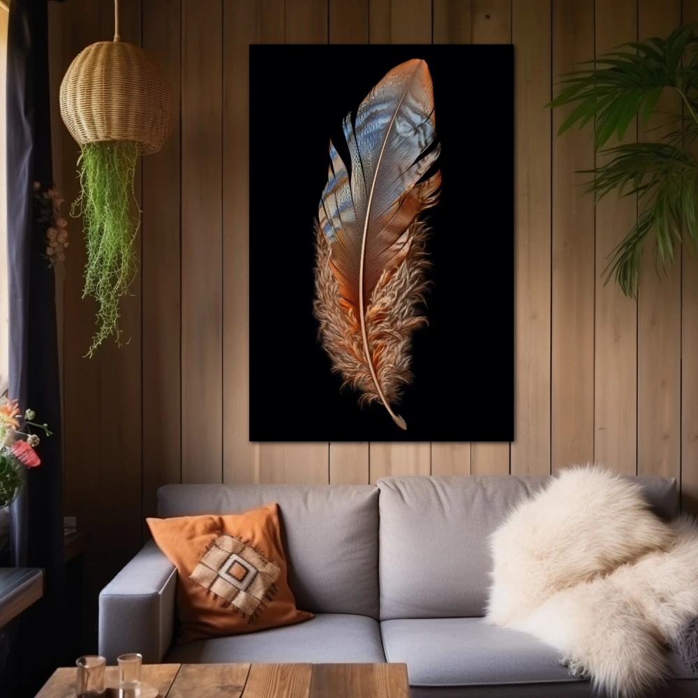 Cuadro elegancia aviar en formato vertical con colores marrón, negro; decorando pared madera