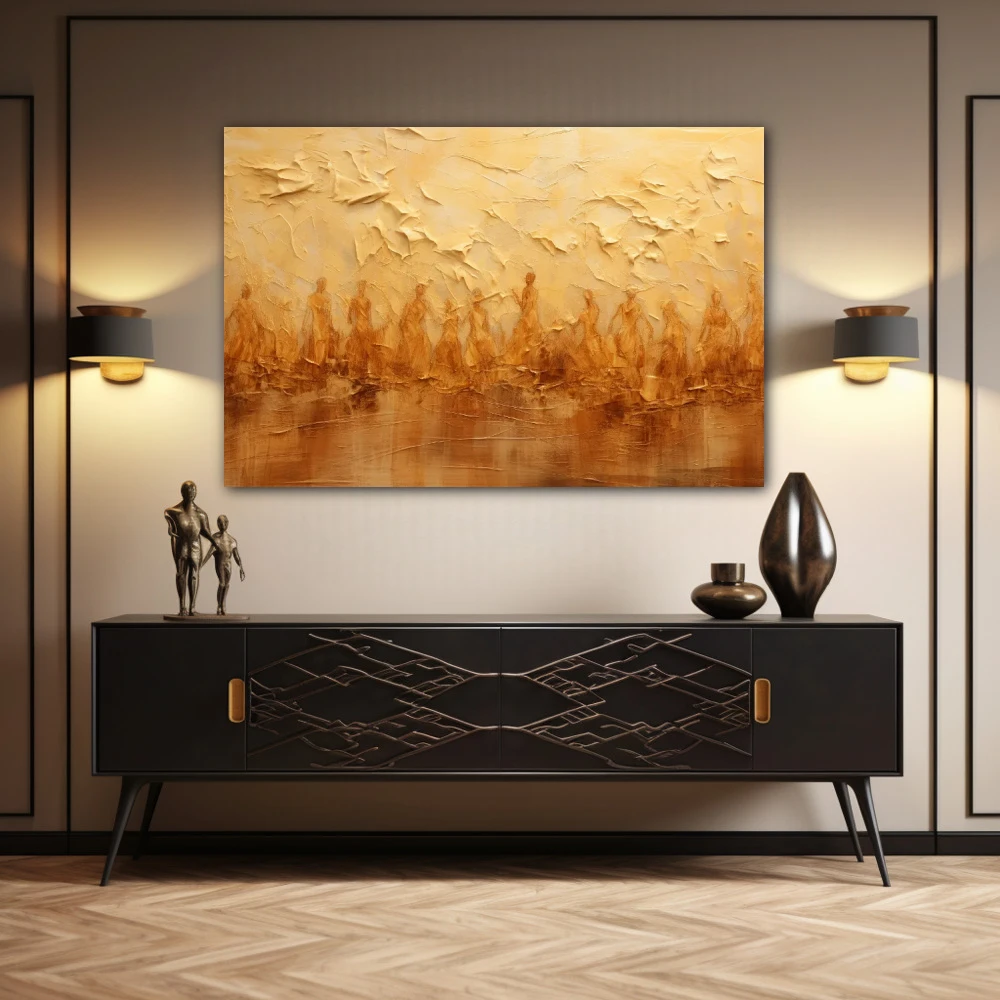 Wall Art titled: Spiritual Flow in a Horizontal format with: Golden, and Brown Colors; Decoration the Sideboard wall