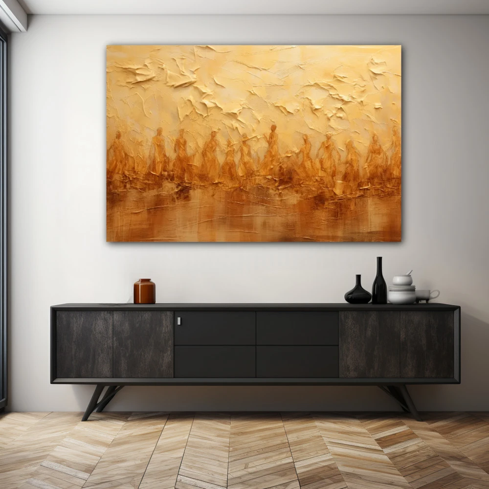 Wall Art titled: Spiritual Flow in a Horizontal format with: Golden, and Brown Colors; Decoration the Sideboard wall