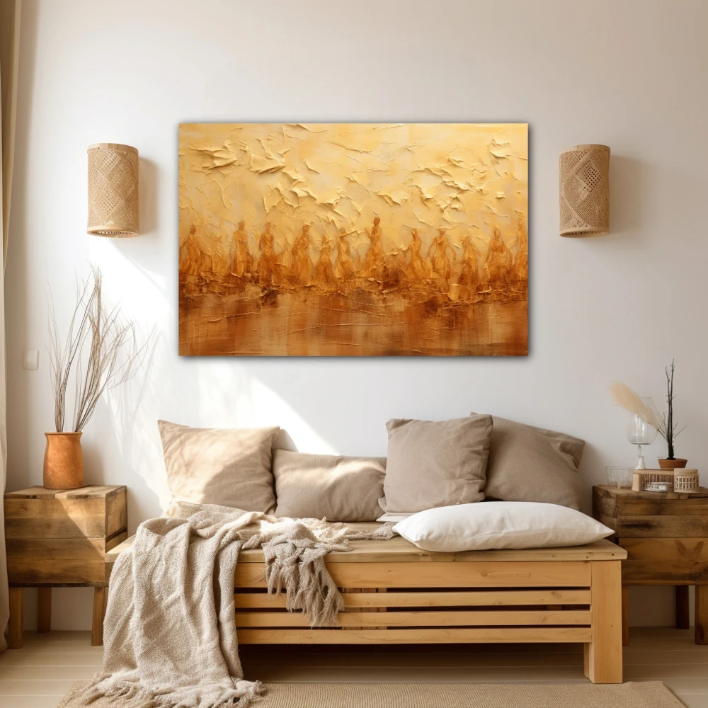 Wall Art titled: Spiritual Flow in a Horizontal format with: Golden, and Brown Colors; Decoration the Beige Wall wall