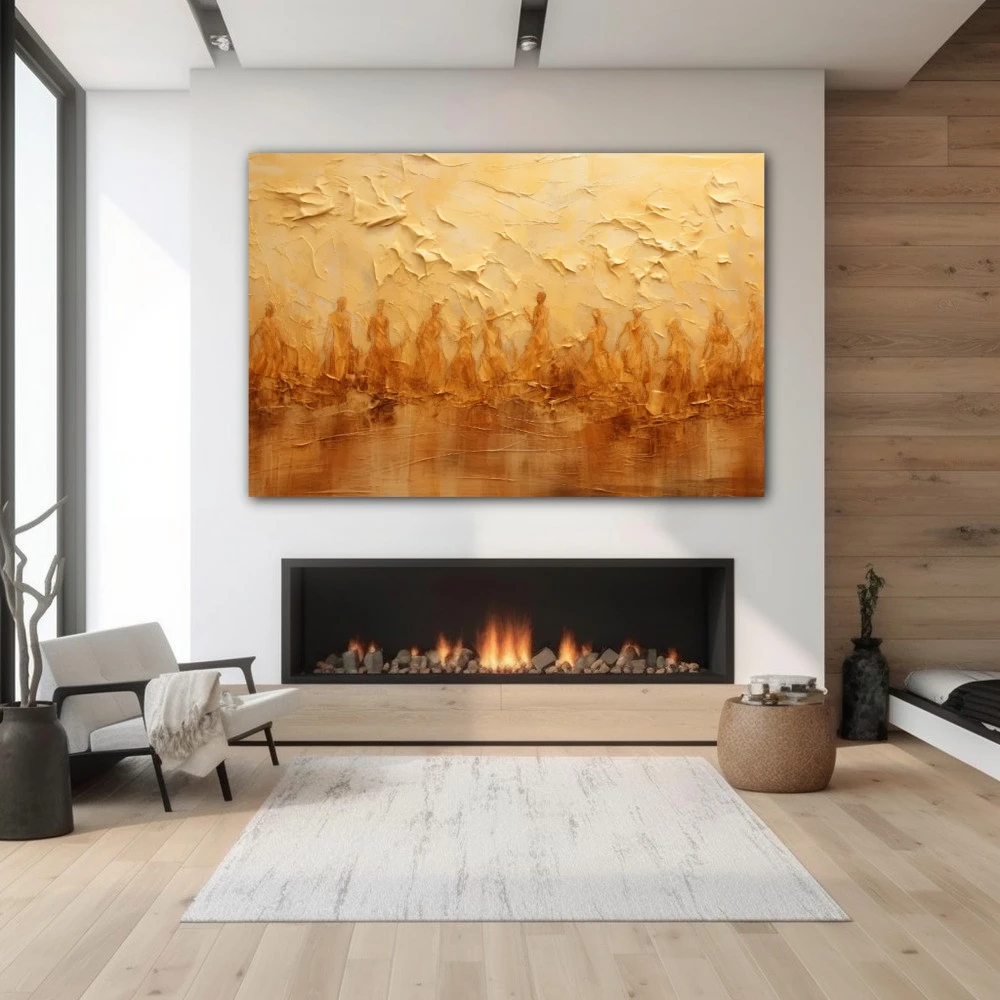 Wall Art titled: Spiritual Flow in a Horizontal format with: Golden, and Brown Colors; Decoration the Fireplace wall