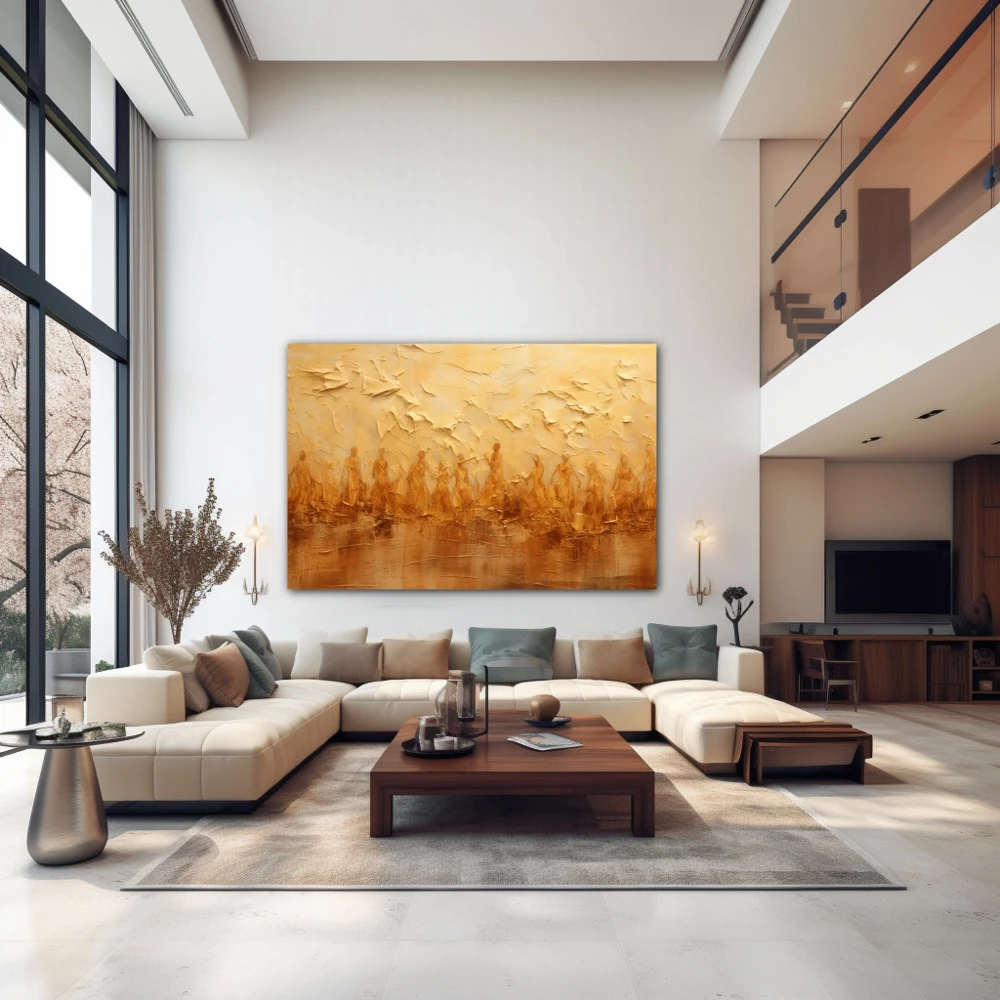 Wall Art titled: Spiritual Flow in a Horizontal format with: Golden, and Brown Colors; Decoration the Above Couch wall