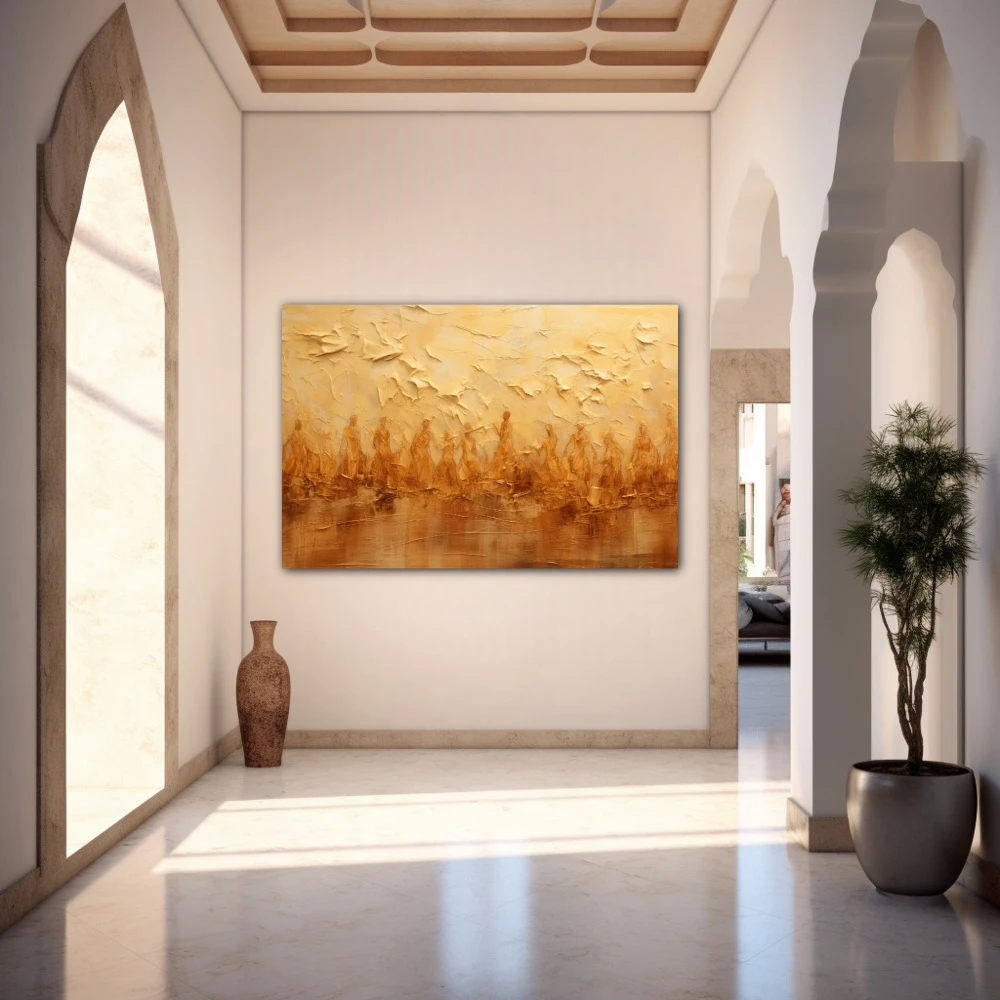 Wall Art titled: Spiritual Flow in a Horizontal format with: Golden, and Brown Colors; Decoration the Entryway wall