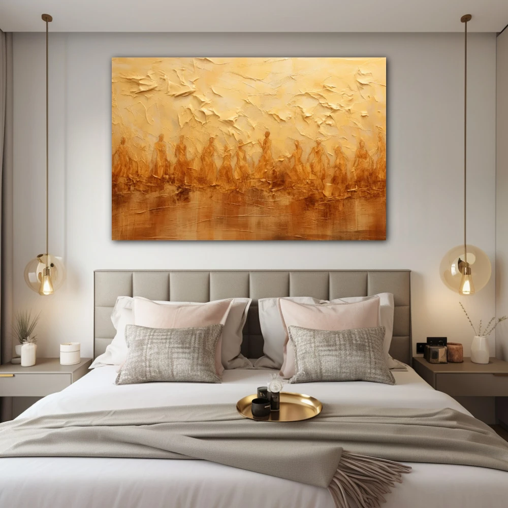 Wall Art titled: Spiritual Flow in a Horizontal format with: Golden, and Brown Colors; Decoration the Bedroom wall