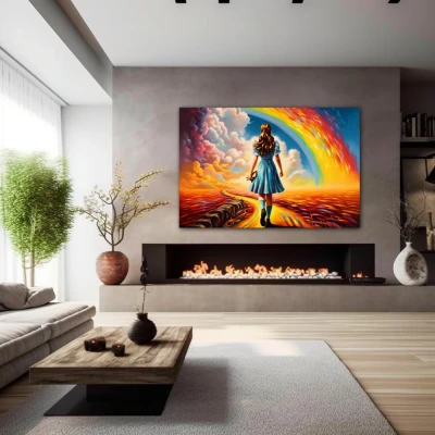 Wall Art titled: Hope Beyond in a  format with: Blue, Orange, and Vivid Colors; Decoration the Fireplace wall