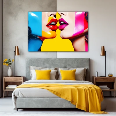 Wall Art titled: Lips of Freedom in a Horizontal format with: Blue, Mustard, Red, Pink, and Vivid Colors; Decoration the Bedroom wall