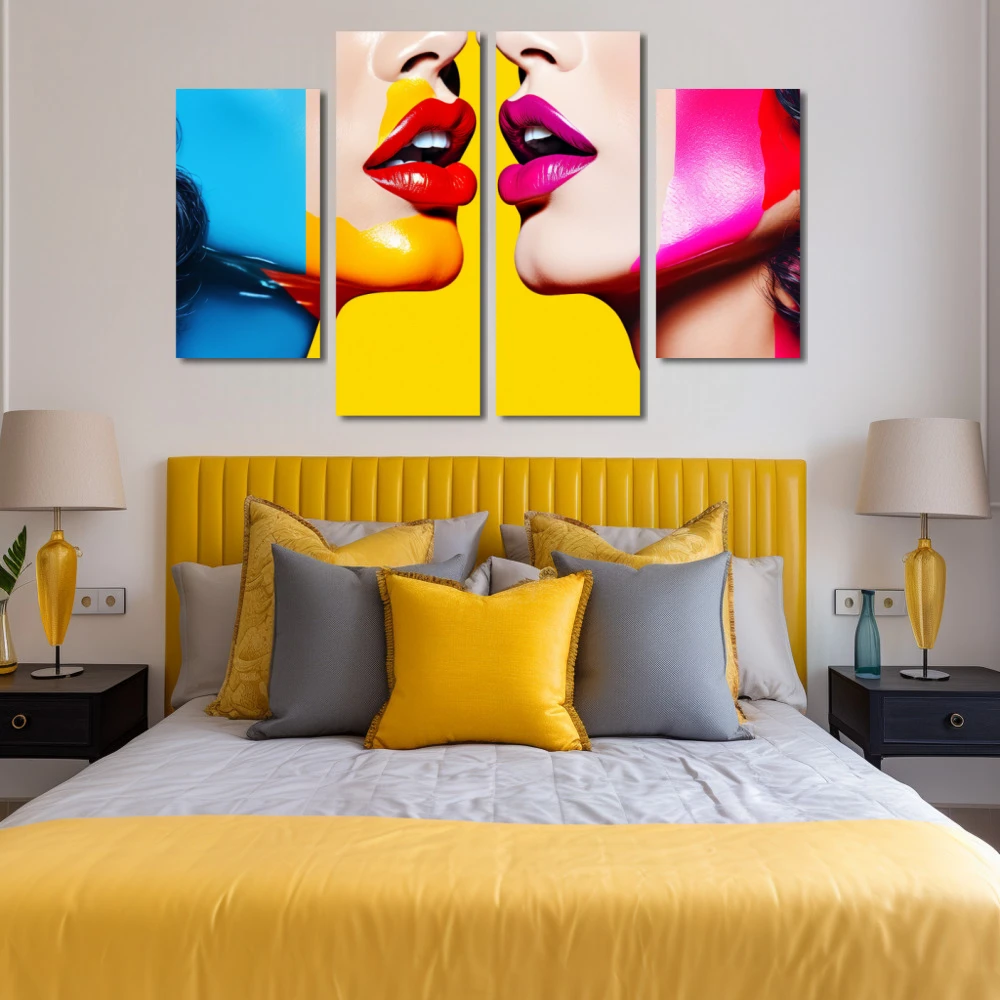 Cuadro labios de libertad en formato políptico con colores azul, mostaza, rojo, rosa, vivos; decorando pared de habitación dormitorio
