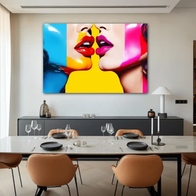 Wall Art titled: Lips of Freedom in a Horizontal format with: Blue, Mustard, Red, Pink, and Vivid Colors; Decoration the Living Room wall