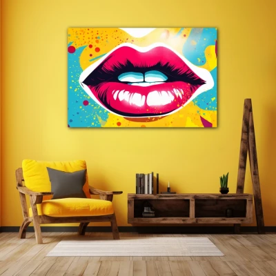 Wall Art titled: Crimson Whim in a  format with: Sky blue, Mustard, Pink, and Vivid Colors; Decoration the Yellow Walls wall