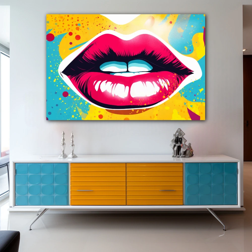Wall Art titled: Crimson Whim in a Horizontal format with: Sky blue, Mustard, Pink, and Vivid Colors; Decoration the Sideboard wall