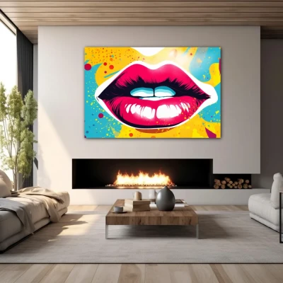 Wall Art titled: Crimson Whim in a Horizontal format with: Sky blue, Mustard, Pink, and Vivid Colors; Decoration the Fireplace wall