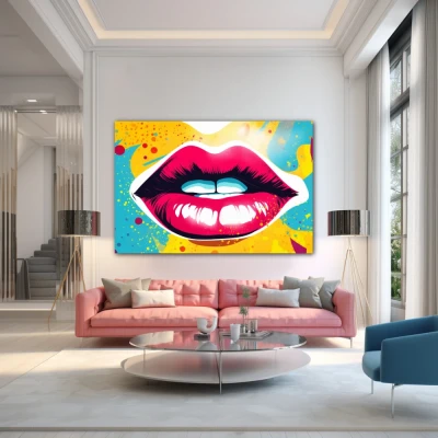 Wall Art titled: Crimson Whim in a  format with: Sky blue, Mustard, Pink, and Vivid Colors; Decoration the Above Couch wall