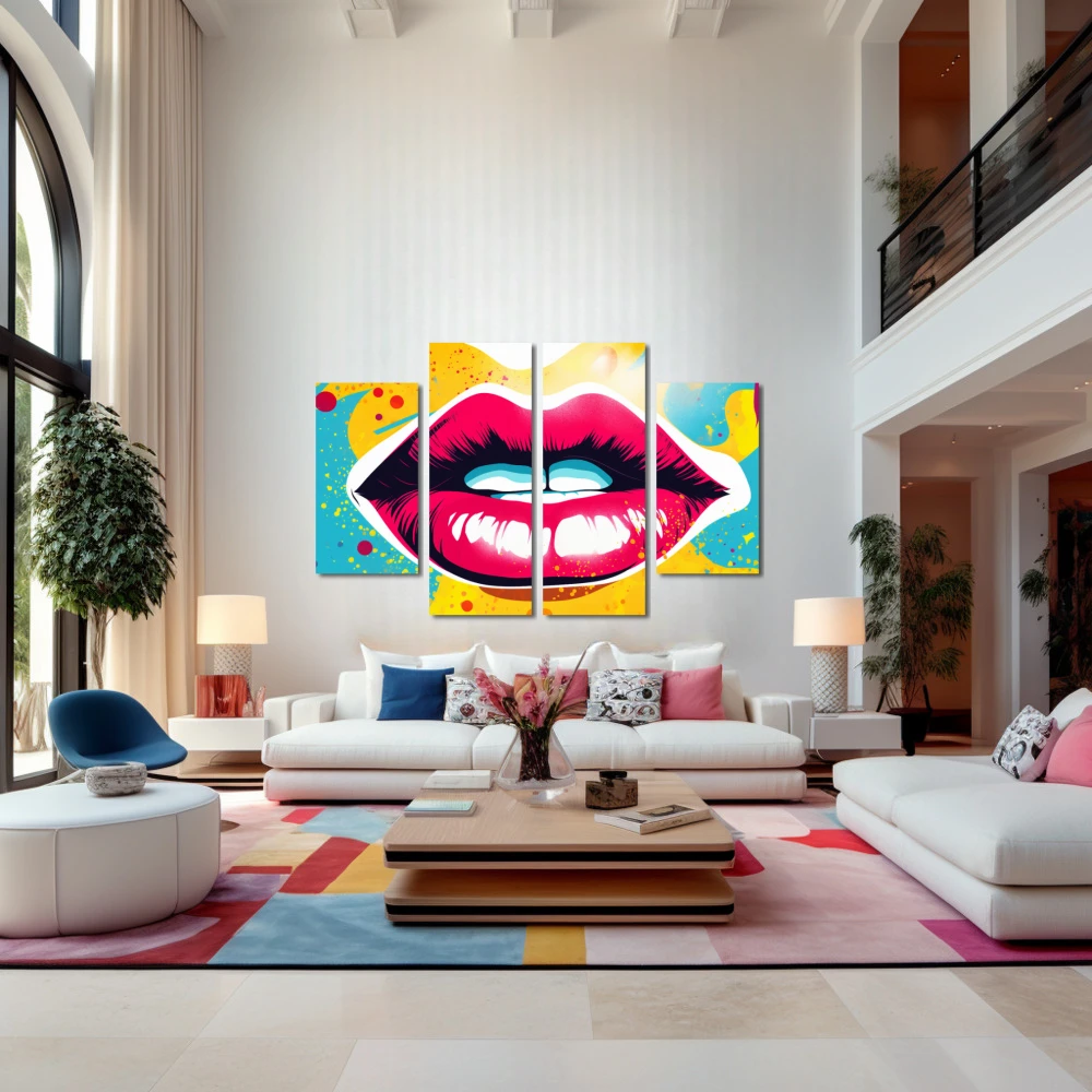 Cuadro capricho carmesí en formato políptico con colores celeste, mostaza, rosa, vivos; decorando pared de encima del sofá