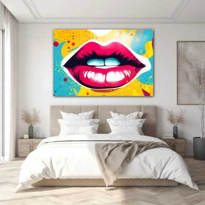 Wall Art titled: Crimson Whim in a  format with: Sky blue, Mustard, Pink, and Vivid Colors; Decoration the Bedroom wall