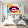 Wall Art titled: Crimson Whim in a Horizontal format with: Sky blue, Mustard, Pink, and Vivid Colors; Decoration the Bedroom wall
