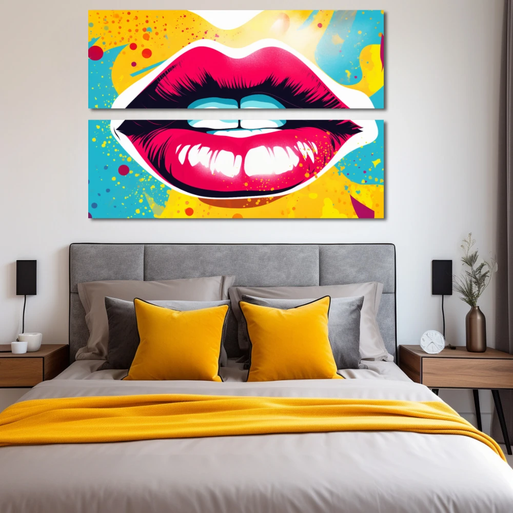 Wall Art titled: Crimson Whim in a Horizontal format with: Sky blue, Mustard, Pink, and Vivid Colors; Decoration the Bedroom wall