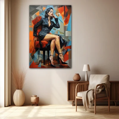 Wall Art titled: Crystallized Elegance in a Vertical format with: Sky blue, Grey, Orange, and Black Colors; Decoration the Beige Wall wall