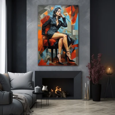 Wall Art titled: Crystallized Elegance in a Vertical format with: Sky blue, Grey, Orange, and Black Colors; Decoration the Grey Walls wall