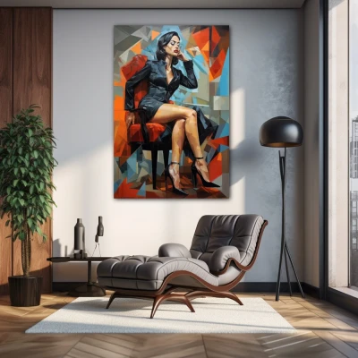 Wall Art titled: Crystallized Elegance in a Vertical format with: Sky blue, Grey, Orange, and Black Colors; Decoration the Living Room wall