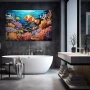 Wall Art titled: Coral Mirages in a Horizontal format with: Blue, Sky blue, and Orange Colors; Decoration the Bathroom wall