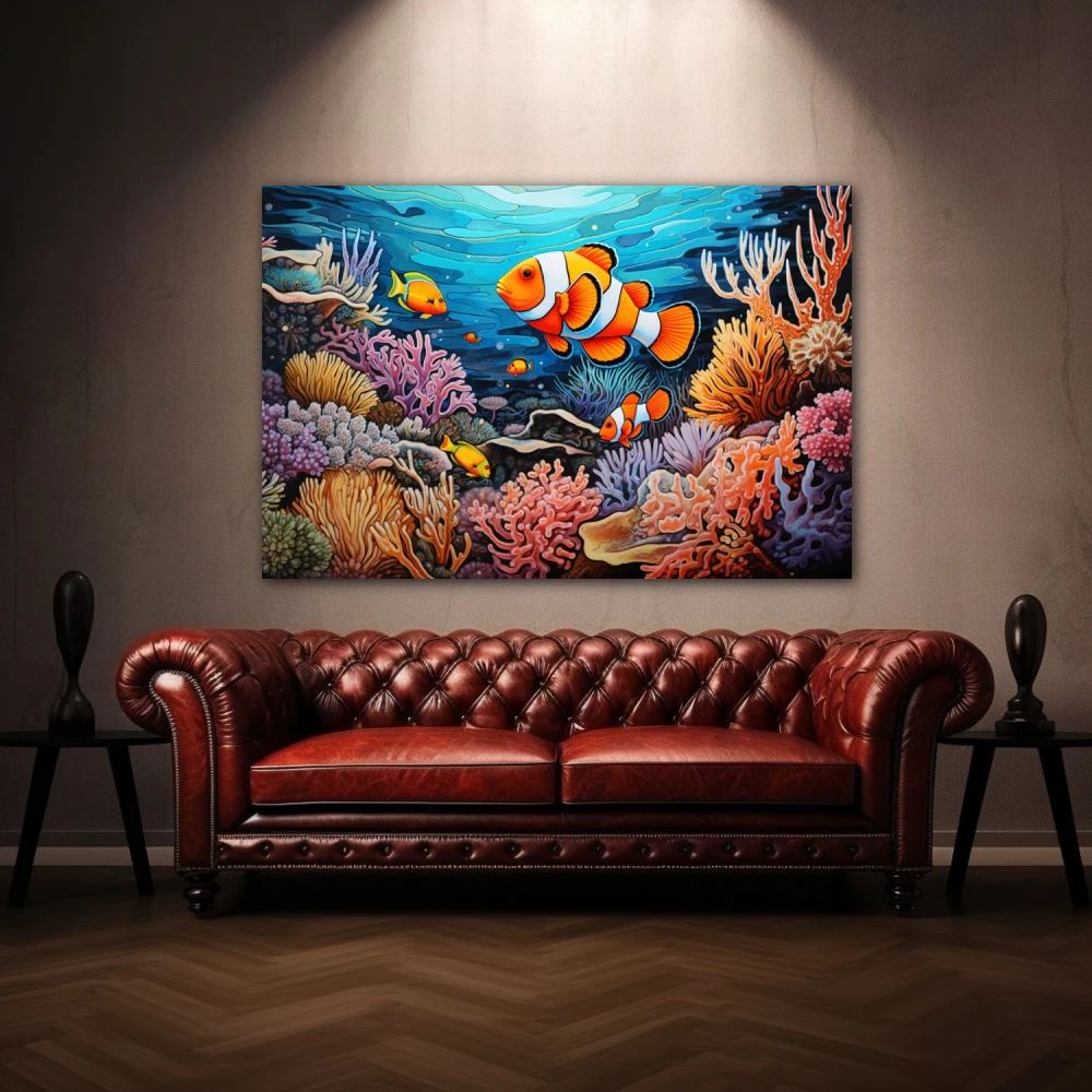 Cuadro espejismos coralinos en formato horizontal con colores azul, celeste, naranja; decorando pared de encima del sofá
