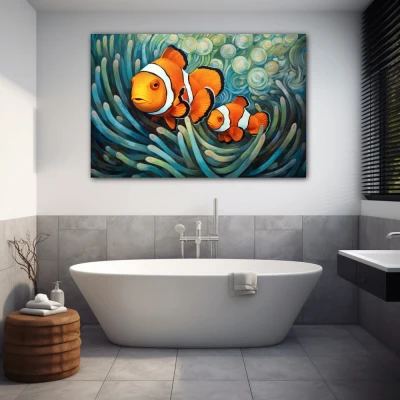 Wall Art titled: Whispers of the Ocean in a Horizontal format with: Sky blue, Orange, and Green Colors; Decoration the Bathroom wall