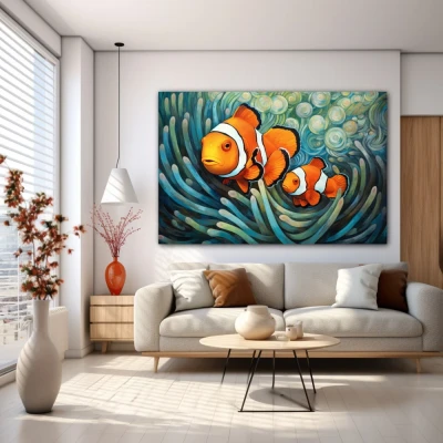 Wall Art titled: Whispers of the Ocean in a Horizontal format with: Sky blue, Orange, and Green Colors; Decoration the White Wall wall