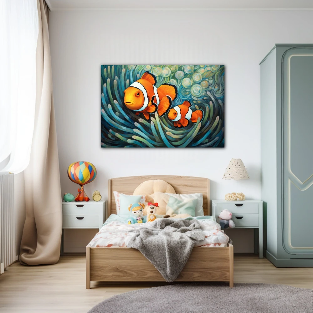 Wall Art titled: Whispers of the Ocean in a Horizontal format with: Sky blue, Orange, and Green Colors; Decoration the Nursery wall