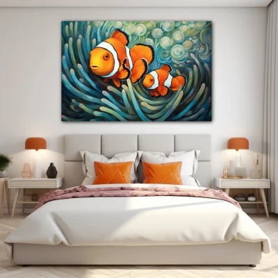 Wall Art titled: Whispers of the Ocean in a Horizontal format with: Sky blue, Orange, and Green Colors; Decoration the Bedroom wall