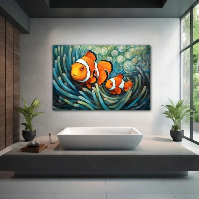 Wall Art titled: Whispers of the Ocean in a Horizontal format with: Sky blue, Orange, and Green Colors; Decoration the Wellbeing wall