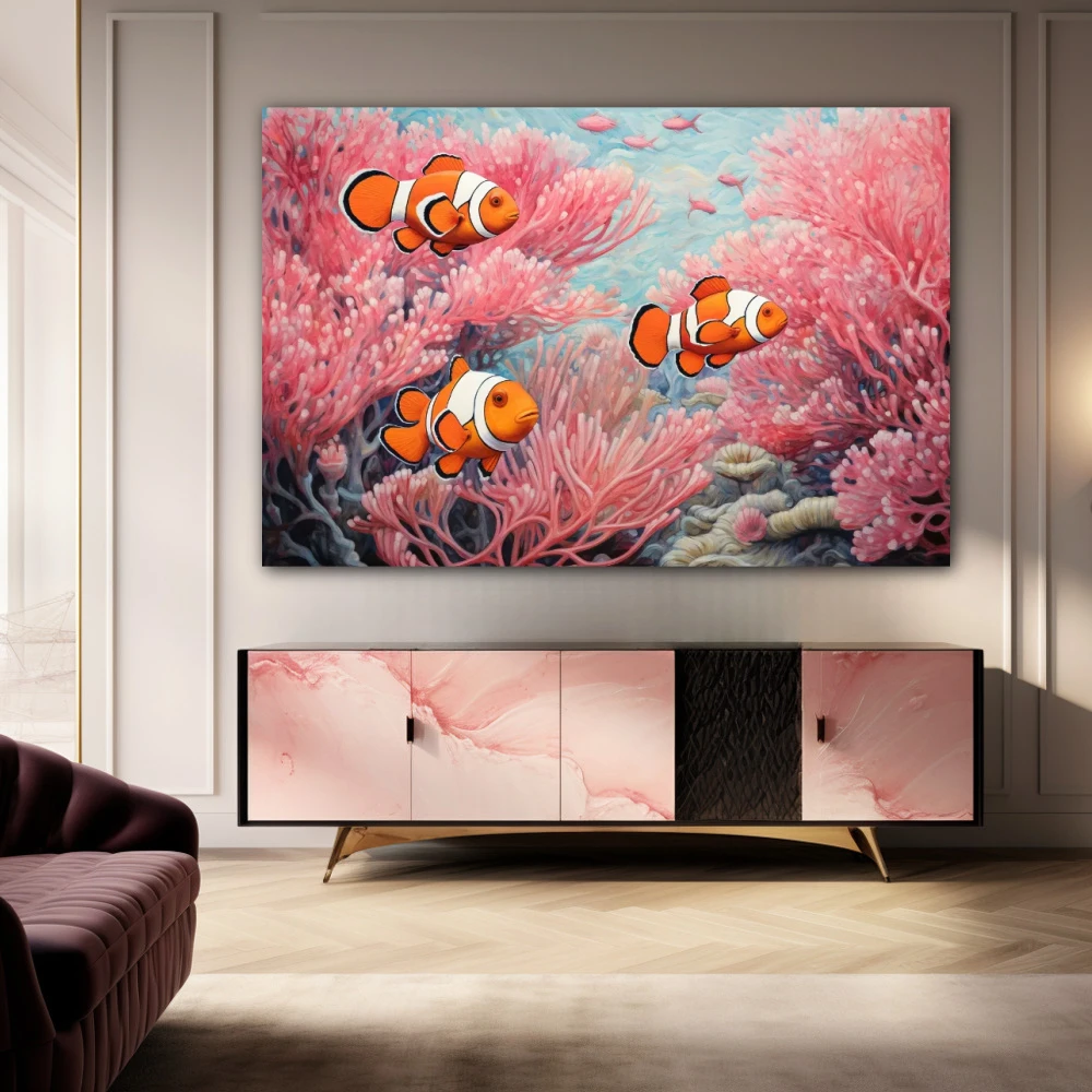 Cuadro navegantes de almohadas rosas en formato horizontal con colores celeste, naranja, rosa; decorando pared de aparador