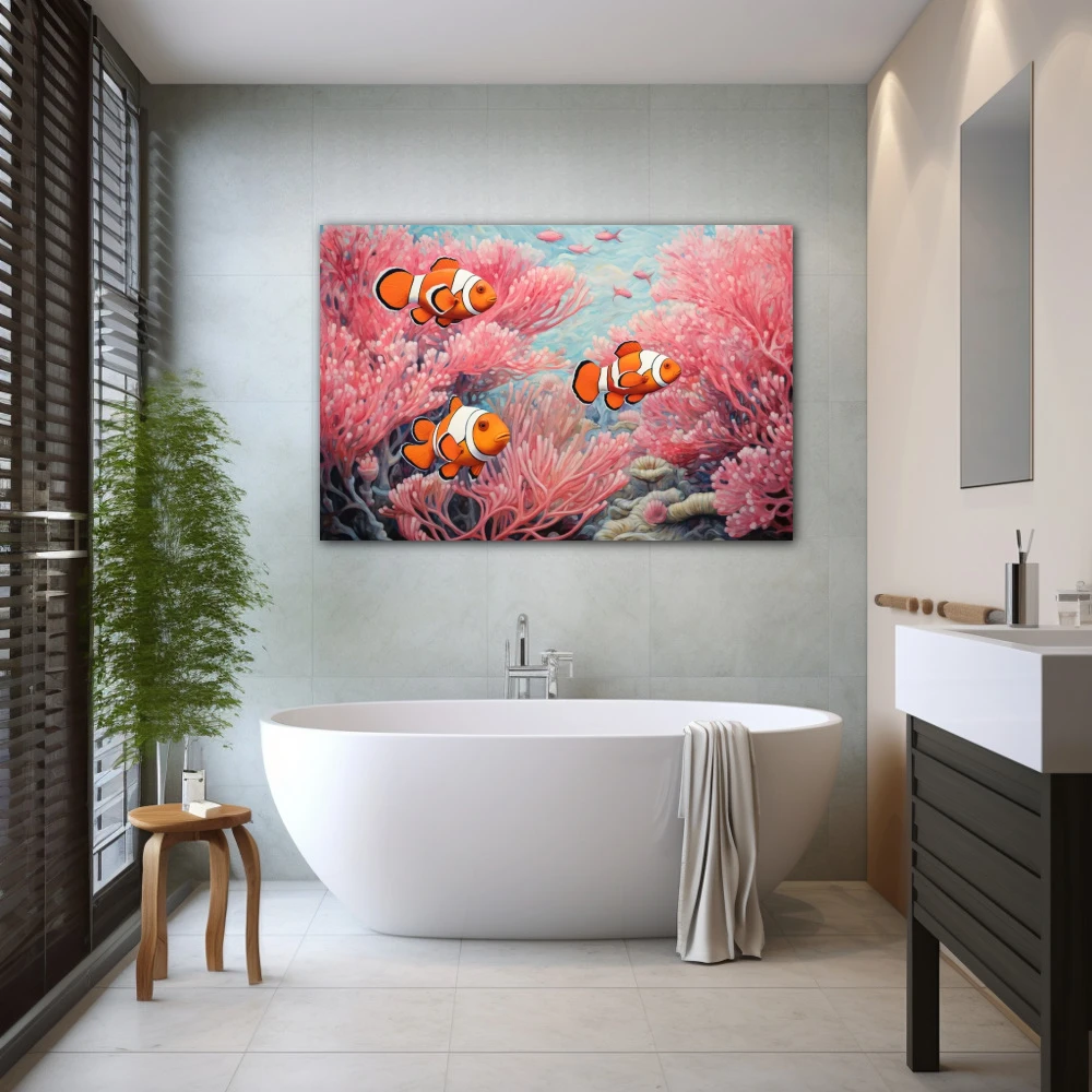Cuadro navegantes de almohadas rosas en formato horizontal con colores celeste, naranja, rosa; decorando pared de baño