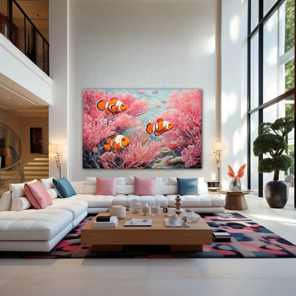 Cuadro navegantes de almohadas rosas en formato horizontal con colores celeste, naranja, rosa; decorando pared de salón comedor