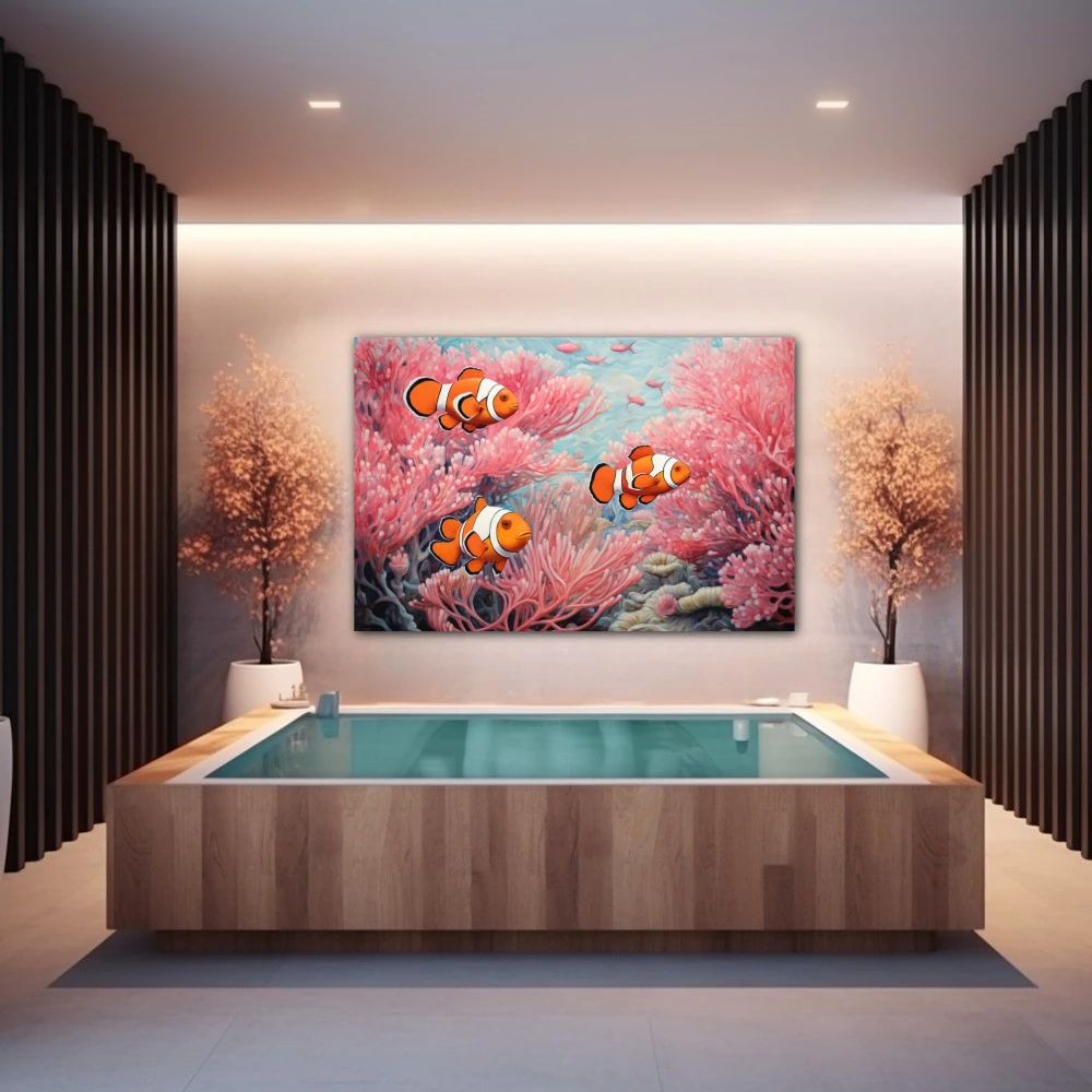 Cuadro navegantes de almohadas rosas en formato horizontal con colores celeste, naranja, rosa; decorando pared de spa