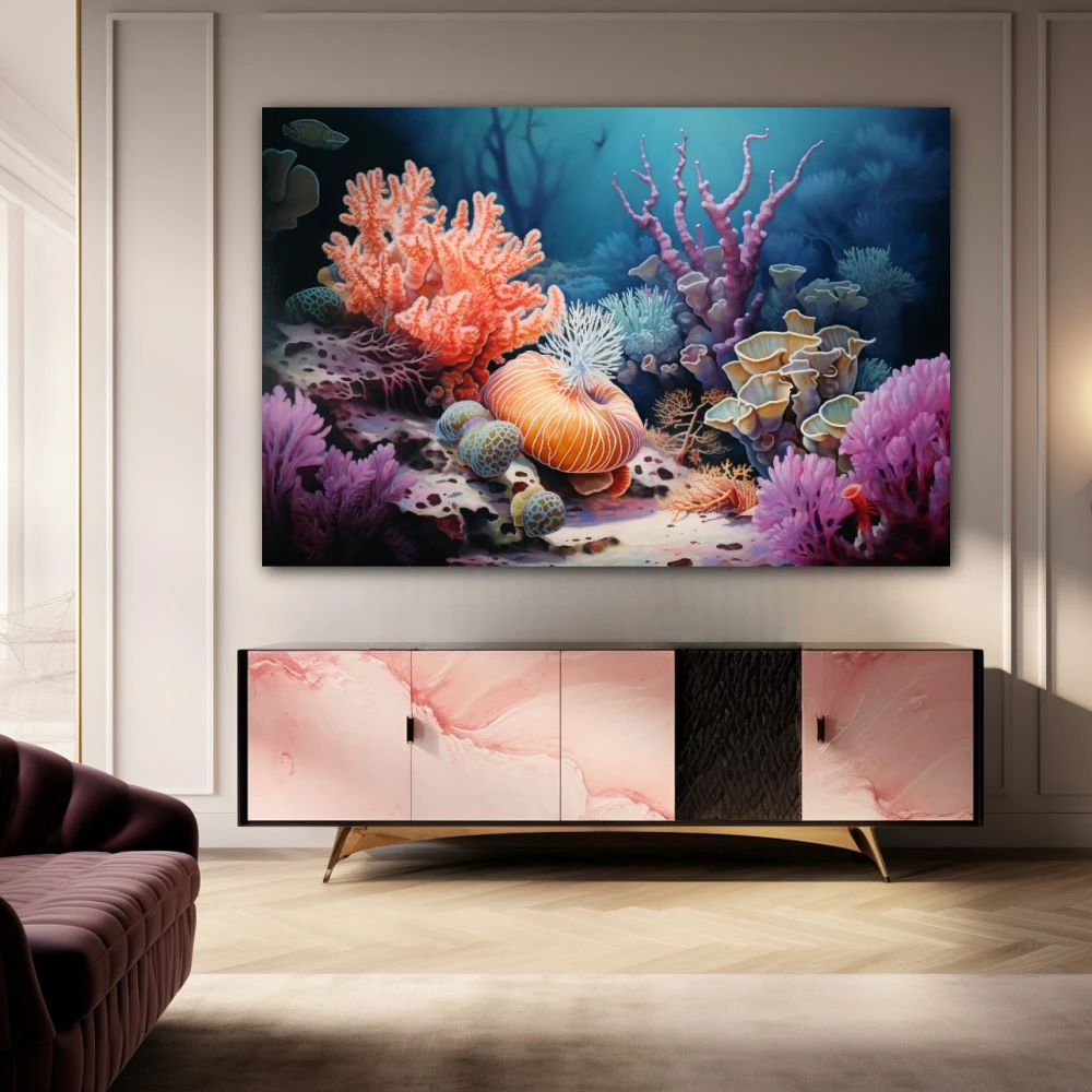 Wall Art titled: Marine Refuge in a Horizontal format with: Blue, Orange, and Violet Colors; Decoration the Sideboard wall