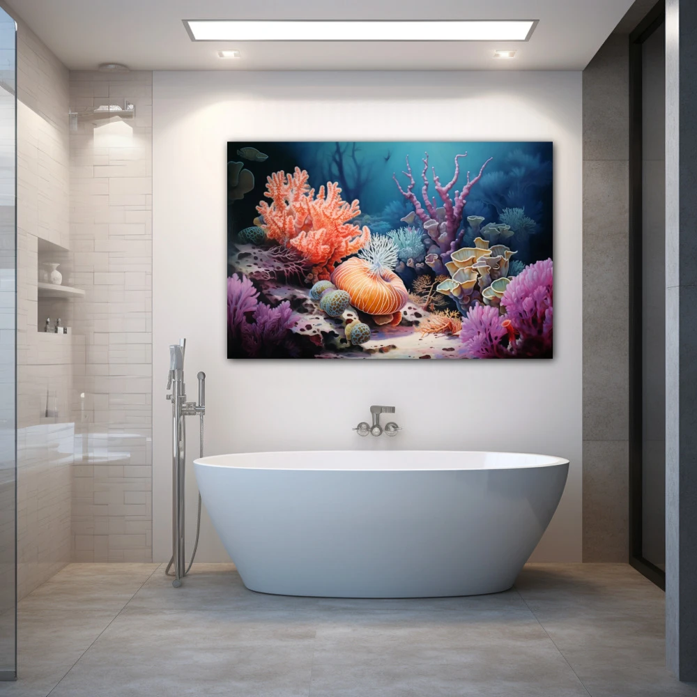 Wall Art titled: Marine Refuge in a Horizontal format with: Blue, Orange, and Violet Colors; Decoration the Bathroom wall